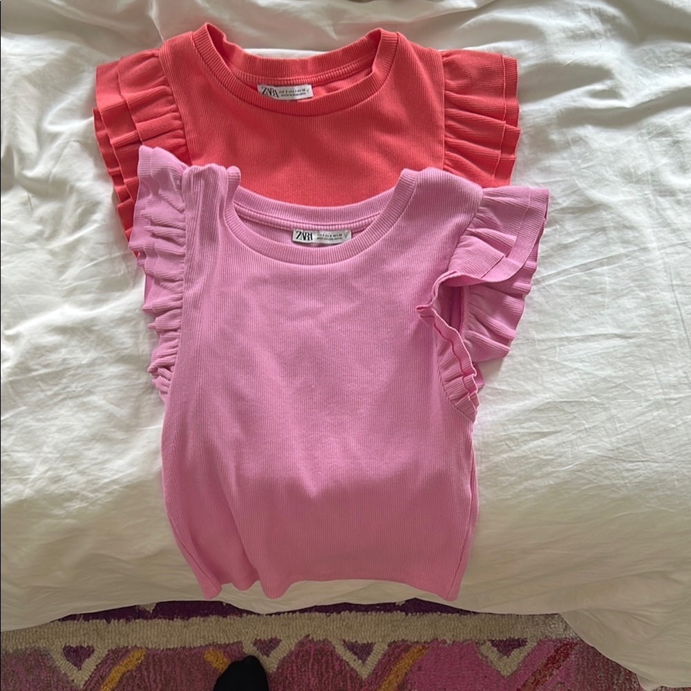 Zara Pink and Red Short Sleeve Tees with Ruffled Sleeves